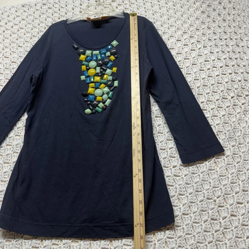 Tory Burch Top Shirt Size M Navy Blue 3/4 Sleeve‎  Bling Cotton Modal  Blouse